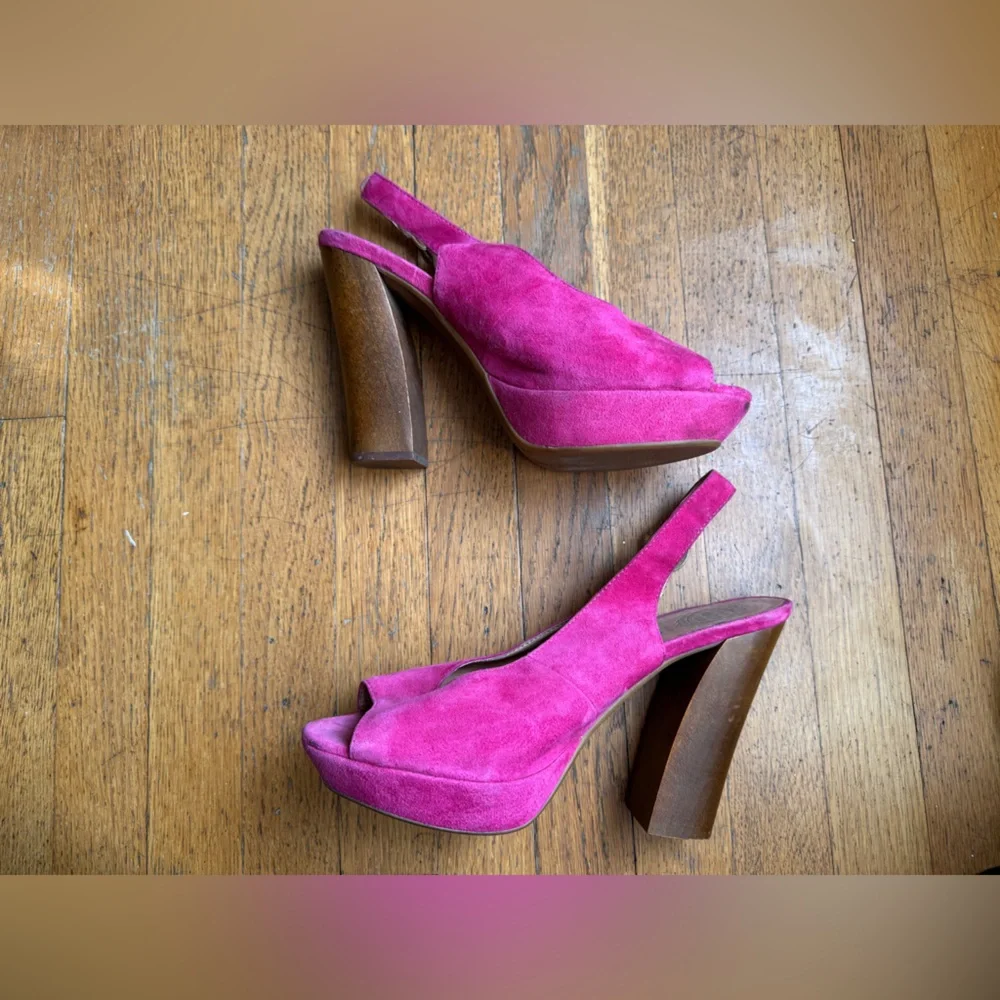 Jeffrey Campbell Pink Suede Peep Toe Heels w Wooden Heels - Picture 1 of 10